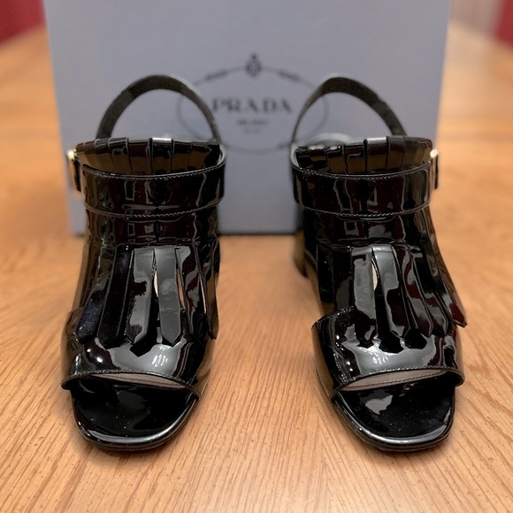 PRADA Patent Leather Kilt Block-Heel Sandals - Picture 3 of 15